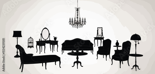 Elegant Black Silhouette of Vintage Living Room Furniture