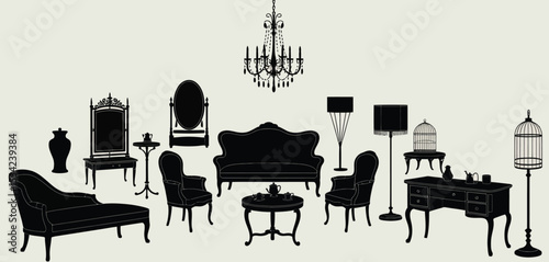 Elegant Black Silhouettes of Vintage Furniture and Decor