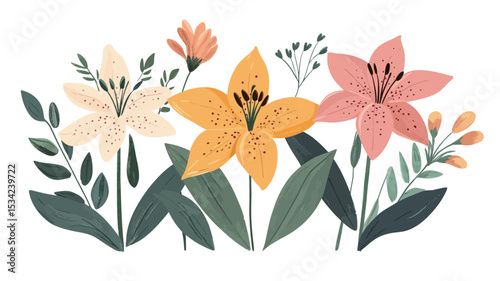 A digital illustration depicting a stylized floral arrangement. The arrangement features three prominent lilies in varying pastel shades of pink, yellow, and cream, along with smaller, accompanying