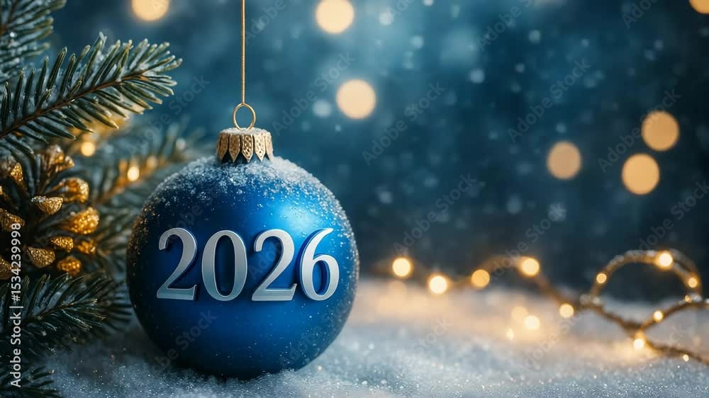 Vidéo de vœux 2026 avec boule de Noël bleue, neige animée et fond bleu nuit – idéale pour vitrines de magasins et réseaux sociaux