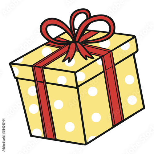 Polka Dot Gift Box with Red Ribbon Festive Vector Illustration