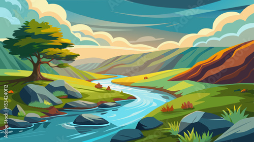 serene river landscape with rolling hills and cloudy sky illustration

