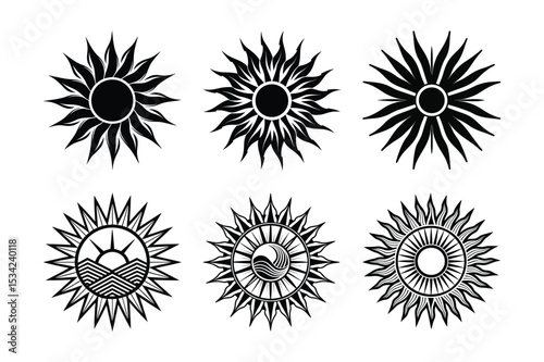 Set of abstract sun design elements.. Geometric abstract design elements for decoration and prints.