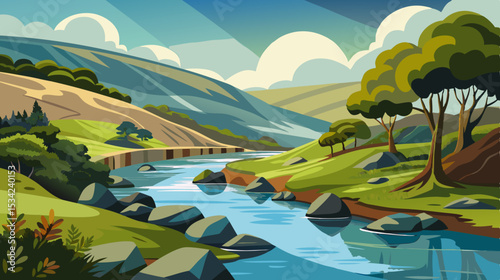 serene river landscape with rolling hills and cloudy sky illustration

