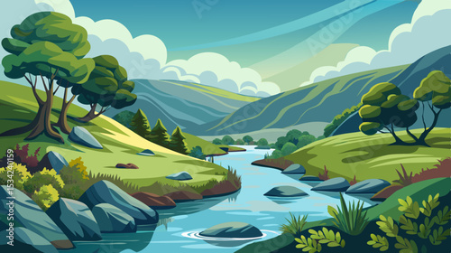serene river landscape with rolling hills and cloudy sky illustration

