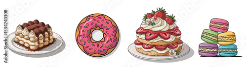 Vector illustration set of colorful desserts: tiramisu, pink donut with sprinkles, strawberry shortcake, and assorted macarons. Cute, hand-drawn style for bakery, café, and sweet-themed designs