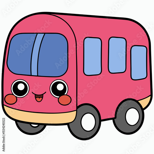Cartoon pink bus vector illustration side view. Bright and friendly city in playful style. Perfect for kids’ books, games, education, or transport-themed projects. Isolated on white.