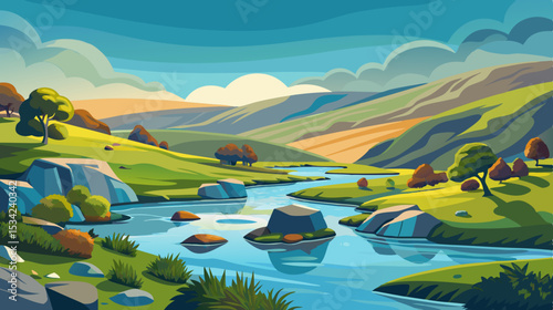 serene river landscape with rolling hills and cloudy sky illustration

