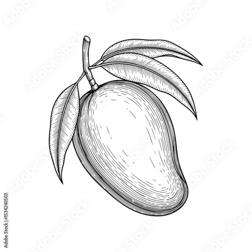 Vintage Mango Fruit with Leaves Engraving