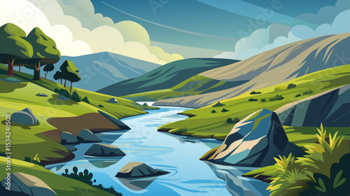 serene river landscape with rolling hills and cloudy sky illustration

