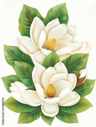 Beautiful white magnolia flowers with lush green leaves in detailed illustration showcasing elegance and nature’s artistry for decoration and inspiration