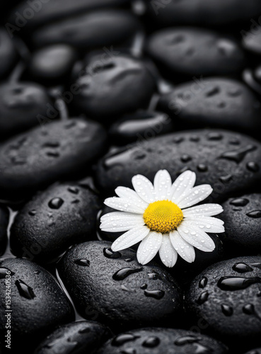 beautiful white daisy flower rests on smooth black pebbles, creating serene and calming atmosphere. contrast between flower and stones evokes tranquility and peace