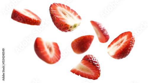 Juicy strawberry slices falling isolated on a white background