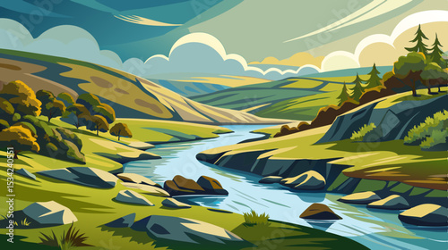 serene river landscape with rolling hills and cloudy sky illustration

