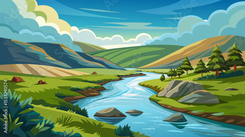serene river landscape with rolling hills and cloudy sky illustration

