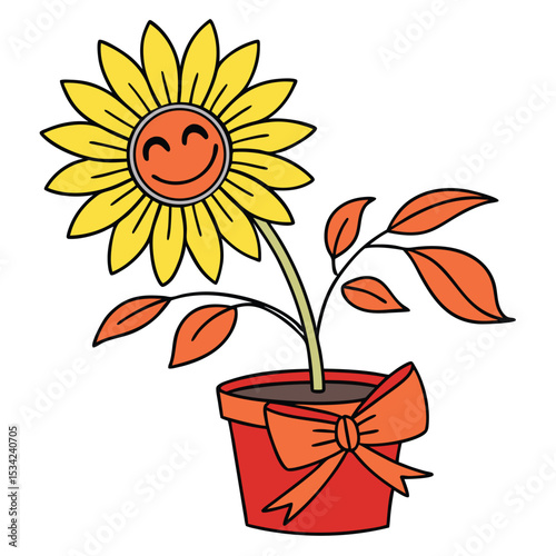 Cheerful Sunflower in Pot Happy Vector Illustration of a Smiling Flower in a Red Pot with Orange Bow