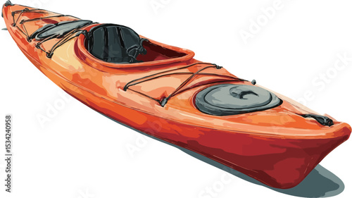 An illustration of an orange sit-in kayak. The kayak is depicted at a three-quarter angle, showcasing its length and form. The kayak's hull is a vibrant orange, with dark gray accents for the seat