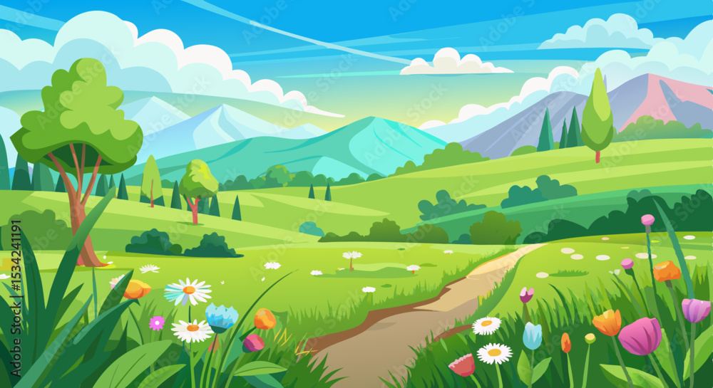 Fototapeta premium Spring Mountain Landscape with Wildflowers and Green Meadows Illustration
