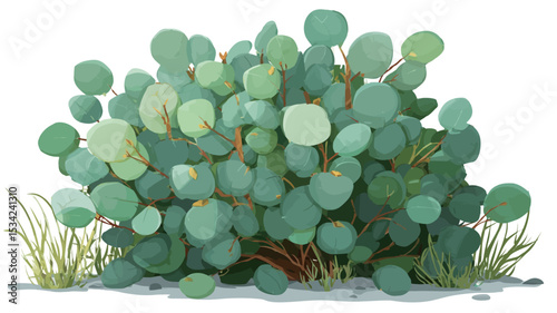A digital illustration of a lush green shrub with round, slightly textured leaves. The leaves are various shades of green, with some exhibiting lighter, almost yellowish-green highlights.