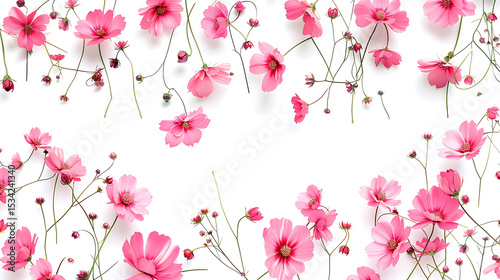 Wallpaper Mural Delicate pink cosmos flowers and buds are arranged on a white background, creating a soft and elegant floral design Torontodigital.ca