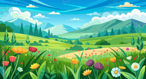 Spring Mountain Landscape with Wildflowers and Green Meadows Illustration