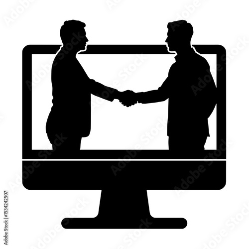 Silhouette of two people shaking hands on monitor screen, digital collaboration remote work