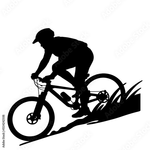 Mountain biker silhouette on trail, adventure and speed concept