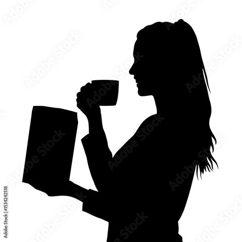 Silhouette of person holding coffee and package, morning routine essence