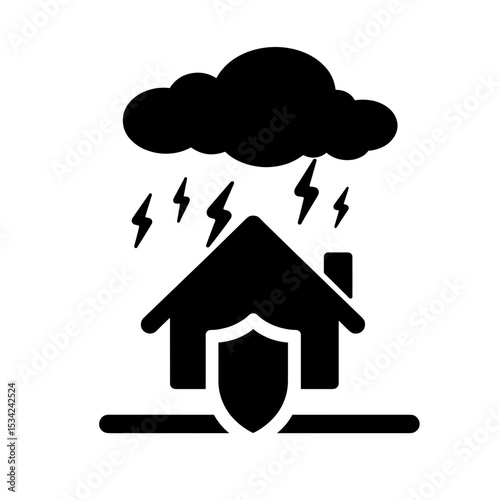 Silhouette of house with storm clouds and shield, weather risk and insurance safety