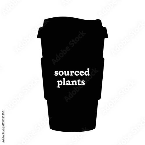 Silhouette of compostable cup with "sourced plants" text, eco-friendly branding