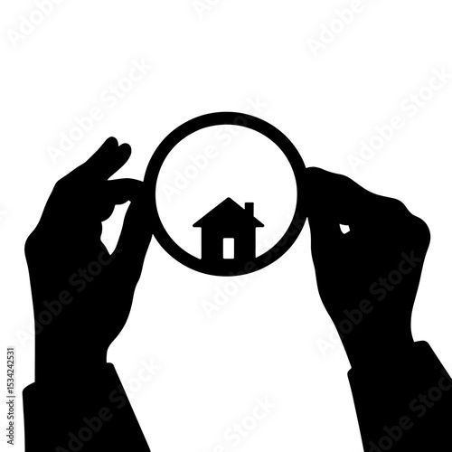 Silhouette of house under magnifying glass, property inspection analysis, black and white