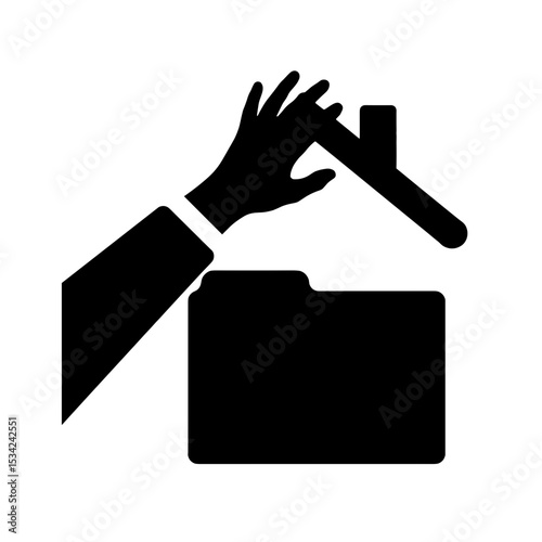 Silhouette of hand placing roof icon over document folder, document protection concept