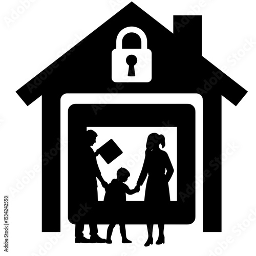 Family silhouette in home with lock symbol, safe storage and security concept
