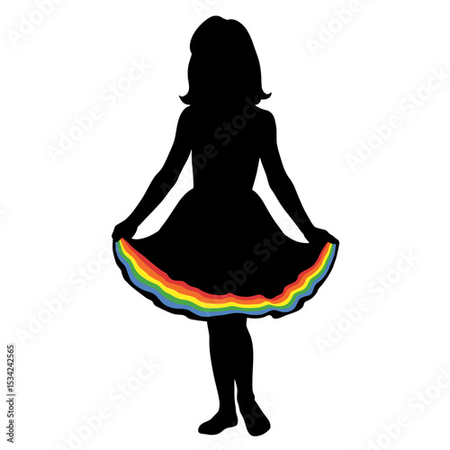 Silhouette of girl holding rainbow skirt on white background, pride celebration