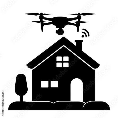 Drone silhouette above house with security signal, digital home protection