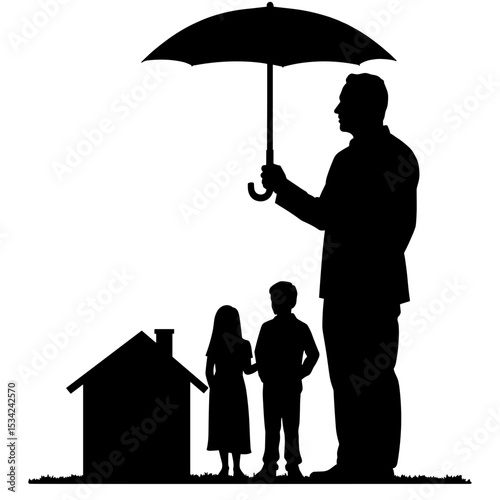 Silhouette of agent holding umbrella over house and family, protection concept