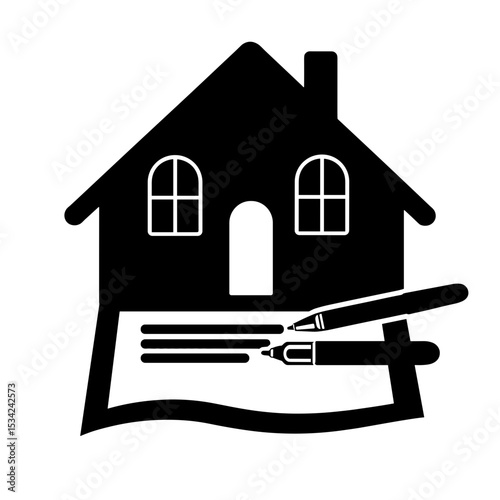 Silhouette of house on contract with pen, legal home agreement signing