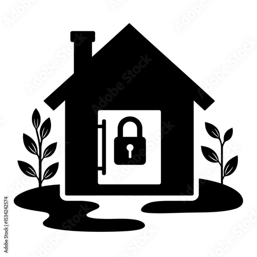 Silhouette of house with lock emblem, home security and lockdown concept