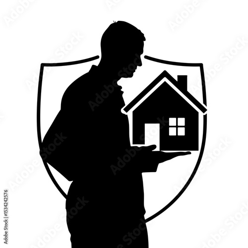 Senior holding house icon silhouette with shield, life investment insurance
