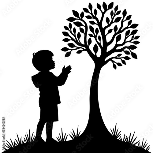 Silhouette of child clapping near tree, nature wonder exploration, white background