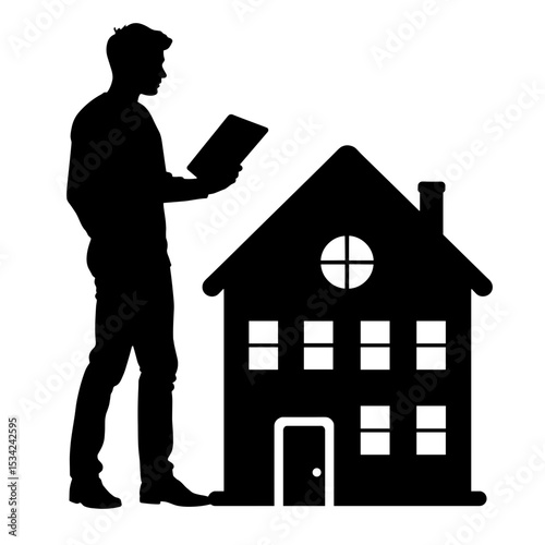 Silhouette of professional reviewing housing options with model, real estate analysis