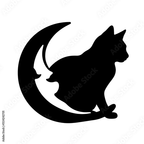 Silhouette of moon-shaped tag with cat on white background, peaceful sleep symbol