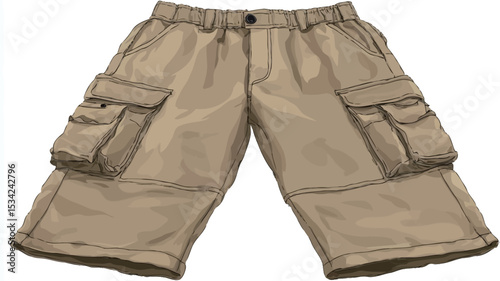 A digital illustration depicting a pair of khaki cargo shorts. The shorts are shown from a front view, lying flat. They are a light beige or khaki color and feature multiple cargo pockets on the