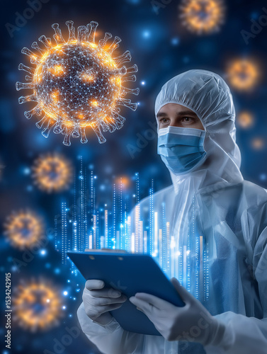 Medical Professional Analyzing Virus Data: A dedicated medical professional, clad in protective gear, intently studies digital data with virus models, representing the fight against disease.
