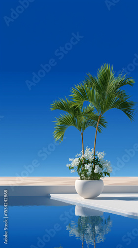 Poolside Paradise: Two vibrant palm trees and blooming white flowers in a sleek white pot grace the edge of a pristine, turquoise pool against a brilliant blue sky.
