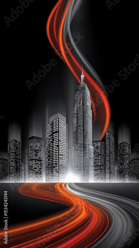 City of the Future: A vibrant depiction of a cityscape with dynamic trails of light swirling through the urban landscape, symbolizing progress, innovation, and the future.