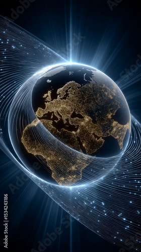 Global Connectivity: The earth illuminated by glowing lights, symbolizing global connectivity, networked with futuristic light trails. A breathtaking visual representation of a connected world.