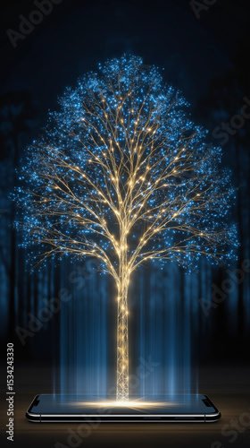Digital Tree: A luminous digital tree springs forth from a sleek digital screen, its ethereal glow illuminating the surrounding darkness.
