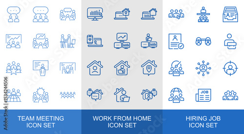 Business Meeting, Remote Work, and Recruitment Icon Set – Team Collaboration and Job Hiring Vector Pack
