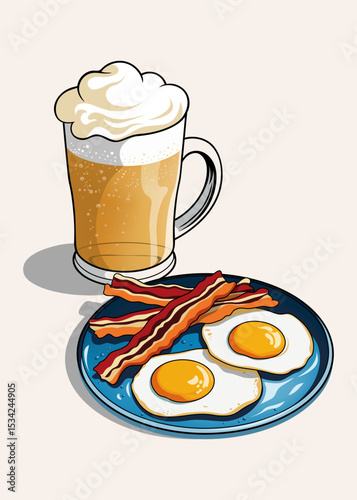 Vector illustration with beer mug and bacon with eggs. Beer with snacks. Food.